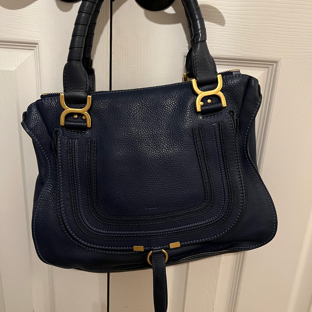 Chloé Navy Blue Leather Satchel with Gold Hardware